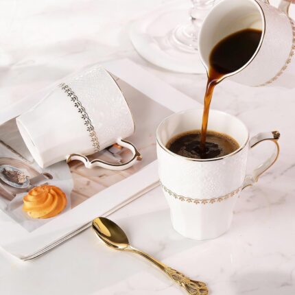 KAMMAK Ceramic Mug Set of 2, 9.8oz Elegant Coffee and Tea Cups, Vintage Breakfast Mugs, Porcelain Cup Ideal for Birthday - Afternoon Tea & Housewarming Gifts (YFH20)
