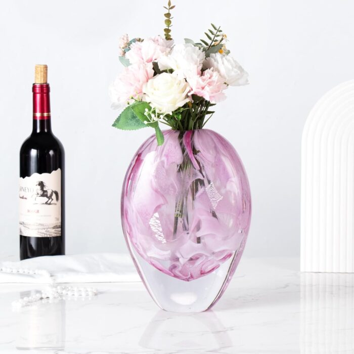 KAMMAK Colored Glass Vase, Beautiful Hand Blown Decorative Vase, Modern Art Vase for Flower Mantle Dining Table Centerpiece, Entryway Living Room Wedding Decoration, FH02141 KAMMAK 8HPFH02141 glass vase side angle view showing silhouette