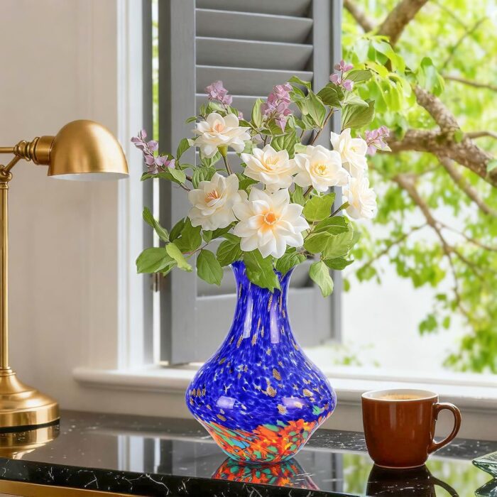 KAMMAK Colored Glass Vase, Beautiful Hand Blown Decorative Vase, Modern Art Vase for Flower Mantle Dining Table Centerpiece, Entryway Living Room Wedding Decoration, HR010