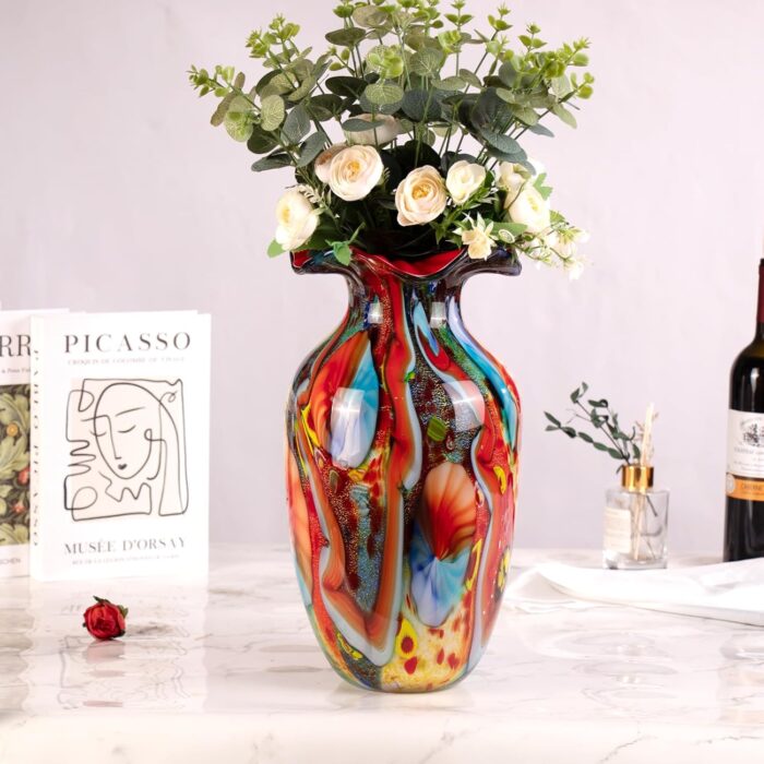 KAMMAK Colored Glass Vase, Beautiful Hand Blown Decorative Vase, Modern Art Vase for Flower Mantle Dining Table Centerpiece, Entryway Living Room Wedding Decoration, 8HPFH033