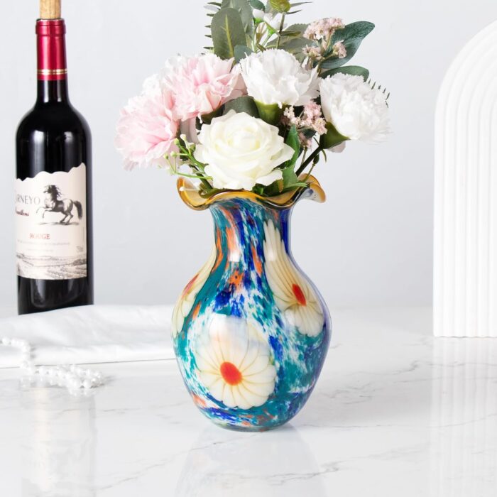KAMMAK Colored Glass Vase, Beautiful Hand Blown Decorative Vase, Modern Art Vase for Flower Mantle Dining Table Centerpiece, Entryway Living Room Wedding Decoration, FH02082