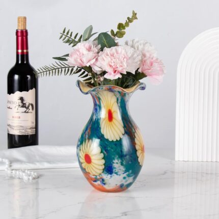 KAMMAK Colored Glass Vase, Beautiful Hand Blown Decorative Vase, Modern Art Vase for Flower Mantle Dining Table Centerpiece, Entryway Living Room Wedding Decoration, FH02083