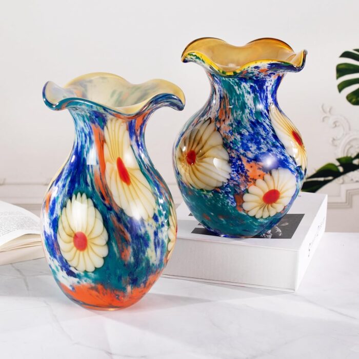 KAMMAK Colored Glass Vase, Beautiful Hand Blown Decorative Vase, Modern Art Vase for Flower Mantle Dining Table Centerpiece, Entryway Living Room Wedding Decoration, FH02083