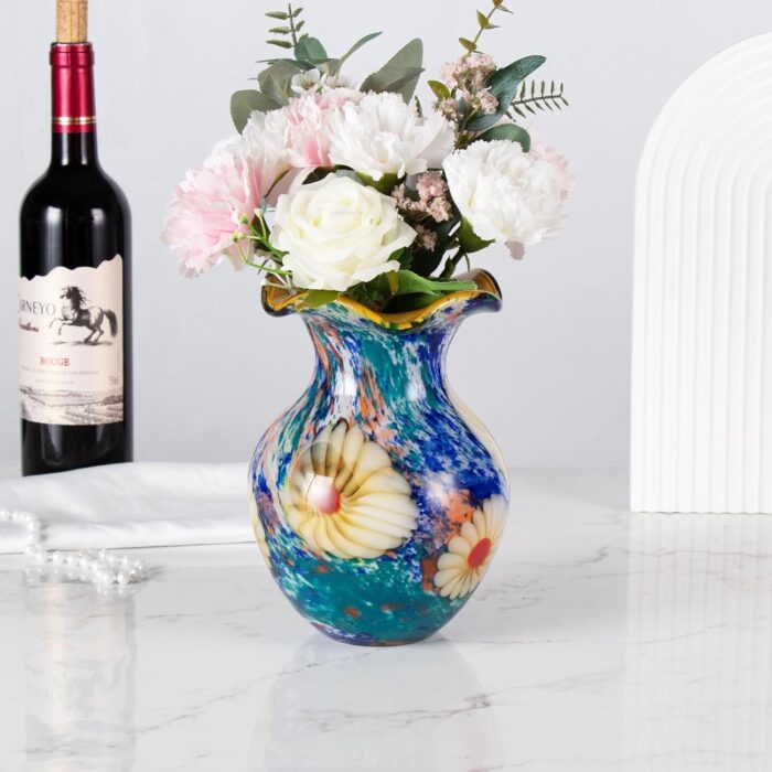 KAMMAK Colored Glass Vase, Beautiful Hand Blown Decorative Vase, Modern Art Vase for Flower Mantle Dining Table Centerpiece, Entryway Living Room Wedding Decoration, FH02086