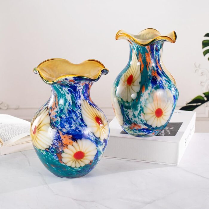 KAMMAK Colored Glass Vase, Beautiful Hand Blown Decorative Vase, Modern Art Vase for Flower Mantle Dining Table Centerpiece, Entryway Living Room Wedding Decoration, FH02086