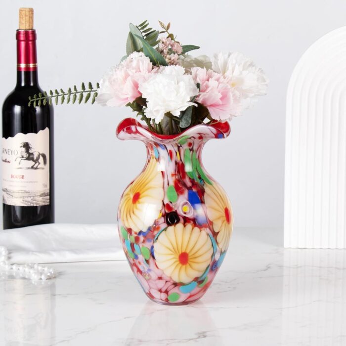 KAMMAK Colored Glass Vase, Beautiful Hand Blown Decorative Vase, Modern Art Vase for Flower Mantle Dining Table Centerpiece, Entryway Living Room Wedding Decoration, FH02088
