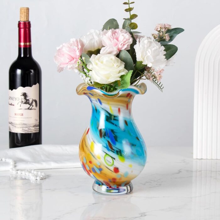KAMMAK Colored Glass Vase, Beautiful Hand Blown Decorative Vase, Modern Art Vase for Flower Mantle Dining Table Centerpiece, Entryway Living Room Wedding Decoration, FH02094