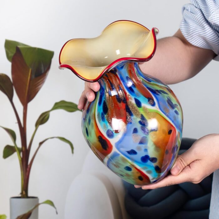 KAMMAK Colored Glass Vase, Beautiful Hand Blown Decorative Vase, Modern Art Vase for Flower Mantle Dining Table Centerpiece, Entryway Living Room Wedding Decoration, FH02111