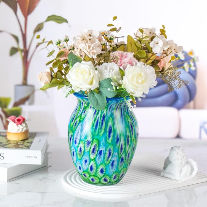 KAMMAK Colored Glass Vase, Beautiful Hand Blown Decorative Vase, Modern Art Vase for Flower Mantle Dining Table Centerpiece, Entryway Living Room Wedding Decoration (JG2136) KAMMAK 8HPJG02136 glass vase styled on dining table image 5