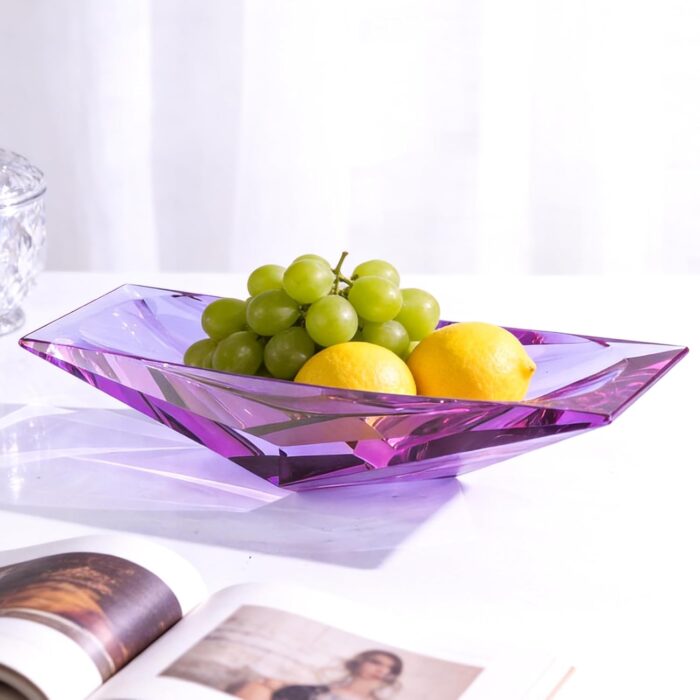 KAMMAK Crystal Glass Fruit Bowl, Luxury Centerpiece Glass Bowl, Hand Blown Decorative Dessert Plate, Purple Aesthetic Counter Decor, Transparent Rectangular Large Modern Art...