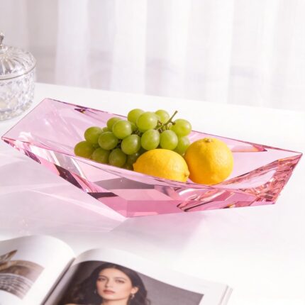 KAMMAK Crystal Glass Fruit Bowl, Luxury Centerpiece Glass Bowl, Hand Blown Decorative Dessert Plate, Pink Aesthetic Counter Decor, Transparent Rectangular Large Modern Art...