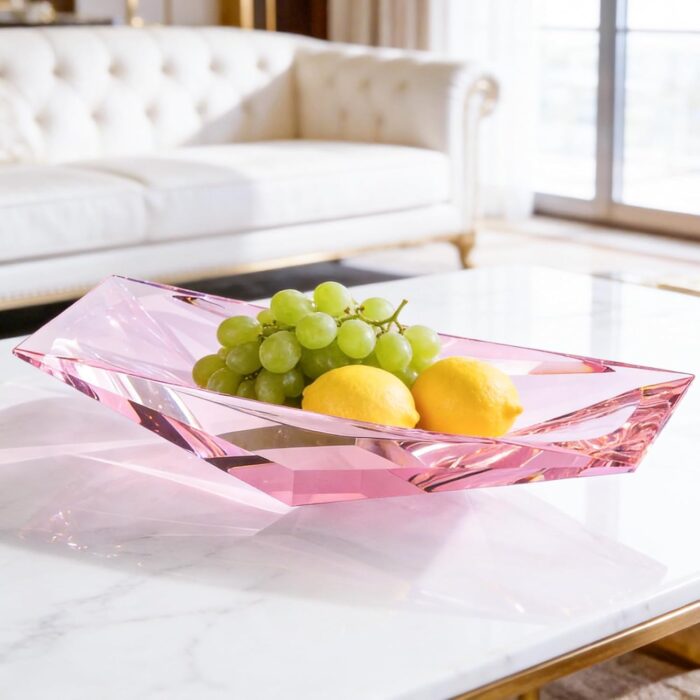 KAMMAK Crystal Glass Fruit Bowl, Luxury Centerpiece Glass Bowl, Hand Blown Decorative Dessert Plate, Pink Aesthetic Counter Decor, Transparent Rectangular Large Modern Art...
