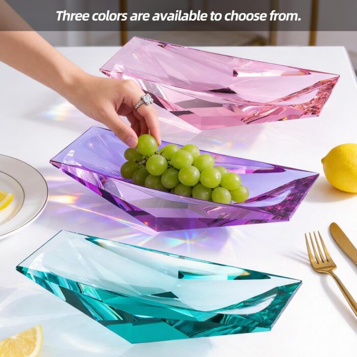 KAMMAK Crystal Glass Fruit Bowl, Luxury Centerpiece Glass Bowl, Hand Blown Decorative Dessert Plate, Pink Aesthetic Counter Decor, Transparent Rectangular Large Modern Art...