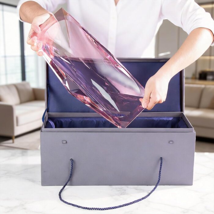 KAMMAK Crystal Glass Fruit Bowl, Luxury Centerpiece Glass Bowl, Hand Blown Decorative Dessert Plate, Pink Aesthetic Counter Decor, Transparent Rectangular Large Modern Art...