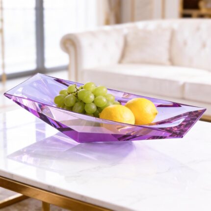 KAMMAK Crystal Glass Fruit Bowl, Luxury Centerpiece Glass Bowl, Hand Blown Decorative Dessert Plate, Purple Aesthetic Counter Decor, Transparent Rectangular Large Modern Art...