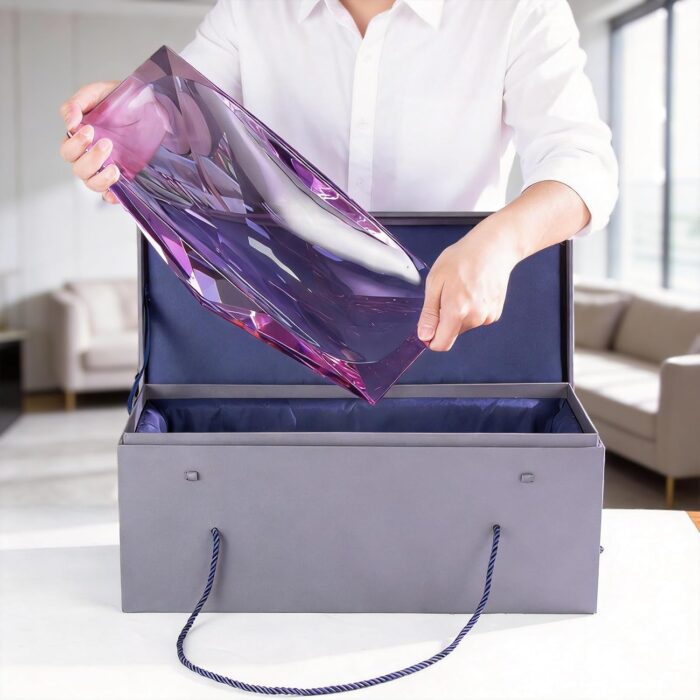 KAMMAK Crystal Glass Fruit Bowl, Luxury Centerpiece Glass Bowl, Hand Blown Decorative Dessert Plate, Purple Aesthetic Counter Decor, Transparent Rectangular Large Modern Art...