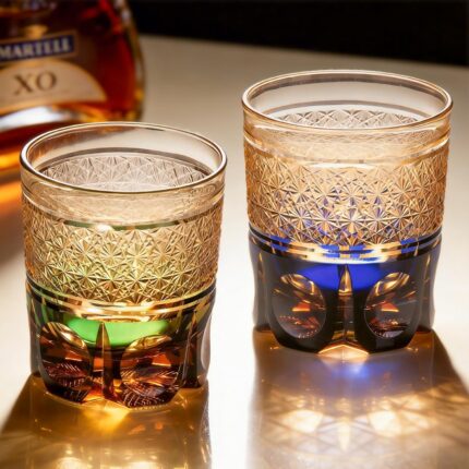 KAMMAK Crystal Whiskey Glasses Set of 2, 8.1oz Colored Old Fashioned Glasses Stemless, Hand Blown Cocktail Glasses, Luxury Handcrafted Ice Ball Cup, Ideal Gift for Bourbon...