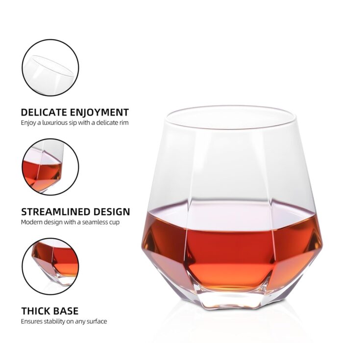KAMMAK Hexagonal Whiskey Glass 13.53 oz (400 ml), Faceted Tumbler with Delicate Rim & Thick Heavy Base, Lead-Free Modern Barware for Old Fashioned, Scotch, Bourbon, Cocktails
