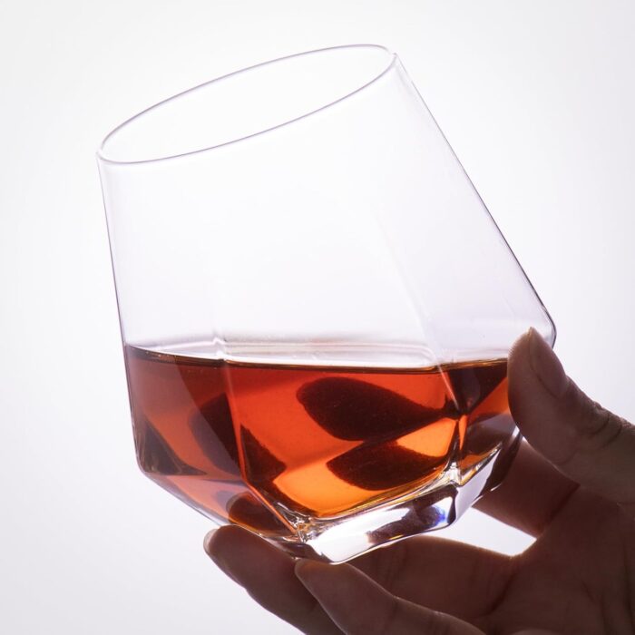KAMMAK Hexagonal Whiskey Glass 13.53 oz (400 ml), Faceted Tumbler with Delicate Rim & Thick Heavy Base, Lead-Free Modern Barware for Old Fashioned, Scotch, Bourbon, Cocktails