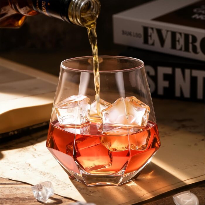 KAMMAK Hexagonal Whiskey Glass 13.53 oz (400 ml), Faceted Tumbler with Delicate Rim & Thick Heavy Base, Lead-Free Modern Barware for Old Fashioned, Scotch, Bourbon, Cocktails