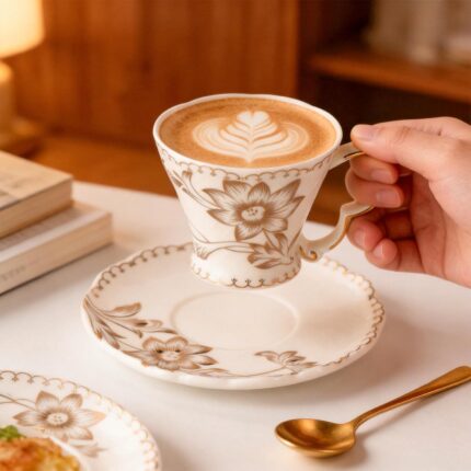 KAMMAK Tea Cups and Saucers Set of 2, 6.4oz Porcelain Coffee Cups, Ceramic Espresso Mugs for Coffee, Latte, Americano, Tea, Elegant Teacup and Saucers (YFH10)