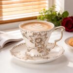 KAMMAK Tea Cups and Saucers Set of 2, 6.4oz Porcelain Coffee Cups, Ceramic Espresso Mugs for Coffee, Latte, Americano, Tea, Elegant Teacup and Saucers (YFH10)