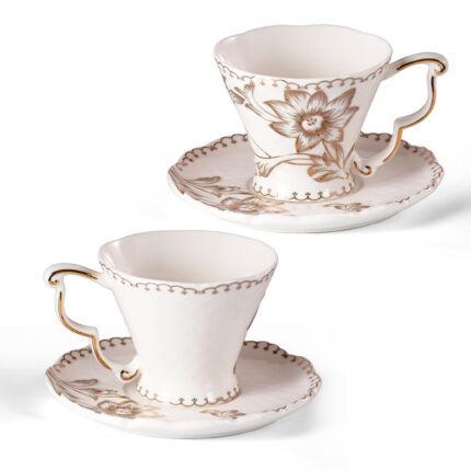 KAMMAK Tea Cups and Saucers Set of 2, 6.4oz Porcelain Coffee Cups, Ceramic Espresso Mugs for Coffee, Latte, Americano, Tea, Elegant Teacup and Saucers (YFH10)