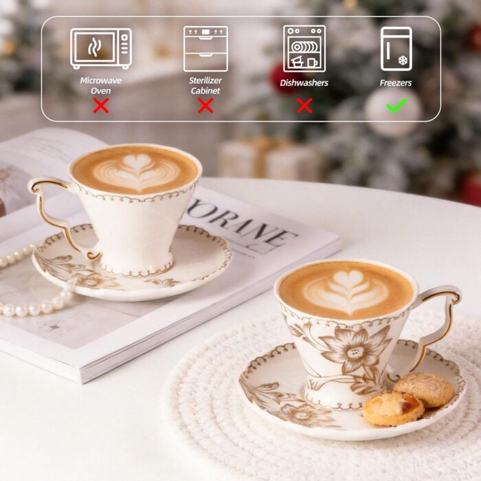 KAMMAK Tea Cups and Saucers Set of 2, 6.4oz Porcelain Coffee Cups, Ceramic Espresso Mugs for Coffee, Latte, Americano, Tea, Elegant Teacup and Saucers (YFH10)