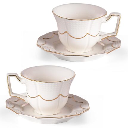 KAMMAK Tea Cups and Saucers Set of 2, 6.4oz Porcelain Coffee Cups with Saucers, Ceramic Espresso Mugs for Coffee, Latte, Americano, Tea, Elegant Teacup and Saucer (YFH12)