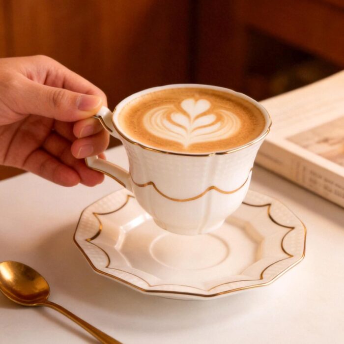 KAMMAK Tea Cups and Saucers Set of 2, 6.4oz Porcelain Coffee Cups with Saucers, Ceramic Espresso Mugs for Coffee, Latte, Americano, Tea, Elegant Teacup and Saucer (YFH12)