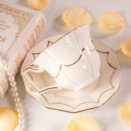 KAMMAK Tea Cups and Saucers Set of 2, 6.4oz Porcelain Coffee Cups with Saucers, Ceramic Espresso Mugs for Coffee, Latte, Americano, Tea, Elegant Teacup and Saucer (YFH12)