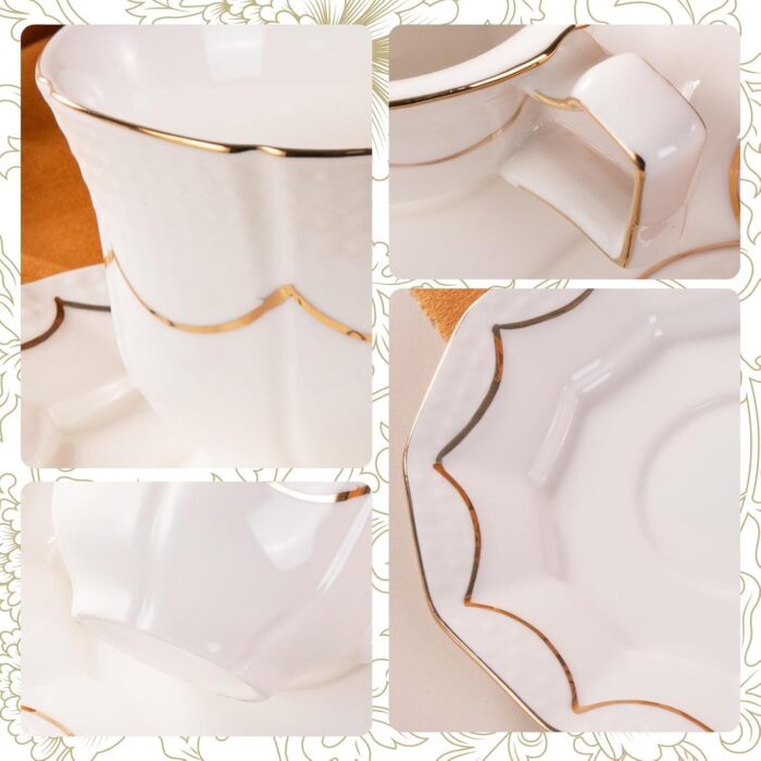 KAMMAK Tea Cups and Saucers Set of 2, 6.4oz Porcelain Coffee Cups with Saucers, Ceramic Espresso Mugs for Coffee, Latte, Americano, Tea, Elegant Teacup and Saucer (YFH12)