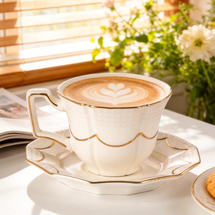 KAMMAK Tea Cups and Saucers Set of 2, 6.4oz Porcelain Coffee Cups with Saucers, Ceramic Espresso Mugs for Coffee, Latte, Americano, Tea, Elegant Teacup and Saucer (YFH12)