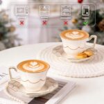 KAMMAK Tea Cups and Saucers Set of 2, 6.4oz Porcelain Coffee Cups with Saucers, Ceramic Espresso Mugs for Coffee, Latte, Americano, Tea, Elegant Teacup and Saucer (YFH12)