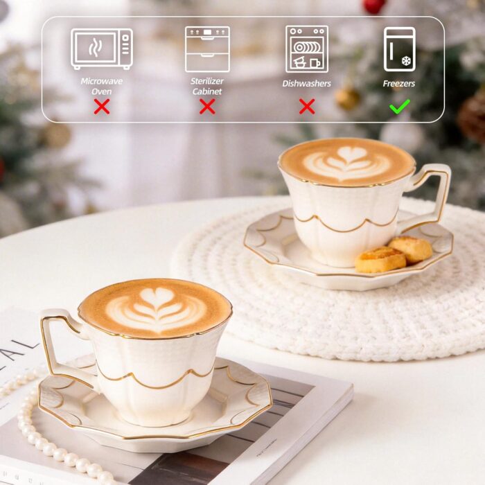 KAMMAK Tea Cups and Saucers Set of 2, 6.4oz Porcelain Coffee Cups with Saucers, Ceramic Espresso Mugs for Coffee, Latte, Americano, Tea, Elegant Teacup and Saucer (YFH12)