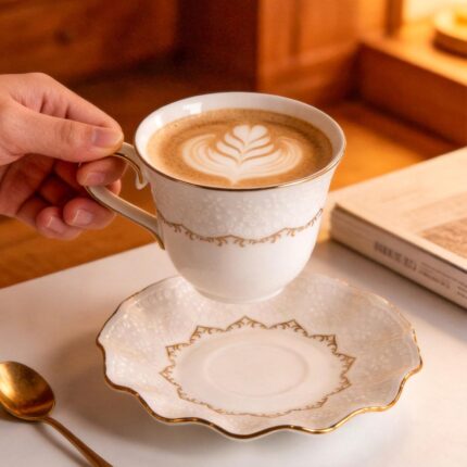 KAMMAK Tea Cups and Saucers Set of 2, 6.4oz Porcelain Coffee Cups with Saucers, Ceramic Espresso Mugs for Coffee, Latte, Americano, Tea, Elegant Teacup and Saucer (YFH11)