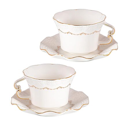 KAMMAK Tea Cups and Saucers Set of 2, 6.4oz Porcelain Coffee Cups with Saucers, Ceramic Espresso Mugs for Coffee, Latte, Americano, Tea, Elegant Teacup and Saucer (YFH16)