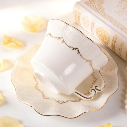 KAMMAK Tea Cups and Saucers Set of 2, 6.4oz Porcelain Coffee Cups with Saucers, Ceramic Espresso Mugs for Coffee, Latte, Americano, Tea, Elegant Teacup and Saucer (YFH16)