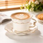 KAMMAK Tea Cups and Saucers Set of 2, 6.4oz Porcelain Coffee Cups with Saucers, Ceramic Espresso Mugs for Coffee, Latte, Americano, Tea, Elegant Teacup and Saucer (YFH16)