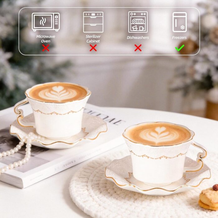 KAMMAK Tea Cups and Saucers Set of 2, 6.4oz Porcelain Coffee Cups with Saucers, Ceramic Espresso Mugs for Coffee, Latte, Americano, Tea, Elegant Teacup and Saucer (YFH16)