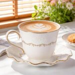 KAMMAK Tea Cups and Saucers Set of 2, 6.4oz Porcelain Coffee Cups with Saucers, Ceramic Espresso Mugs for Coffee, Latte, Americano, Tea, Elegant Teacup and Saucer (YFH11)