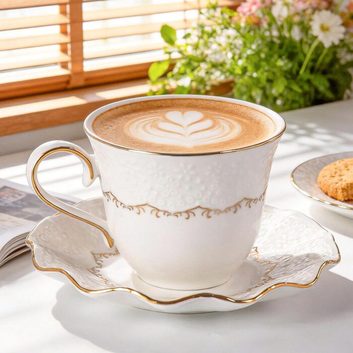 KAMMAK Tea Cups and Saucers Set of 2, 6.4oz Porcelain Coffee Cups with Saucers, Ceramic Espresso Mugs for Coffee, Latte, Americano, Tea, Elegant Teacup and Saucer (YFH11)