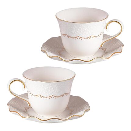 KAMMAK Tea Cups and Saucers Set of 2, 6.4oz Porcelain Coffee Cups with Saucers, Ceramic Espresso Mugs for Coffee, Latte, Americano, Tea, Elegant Teacup and Saucer (YFH11)