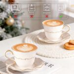 KAMMAK Tea Cups and Saucers Set of 2, 6.4oz Porcelain Coffee Cups with Saucers, Ceramic Espresso Mugs for Coffee, Latte, Americano, Tea, Elegant Teacup and Saucer (YFH11)
