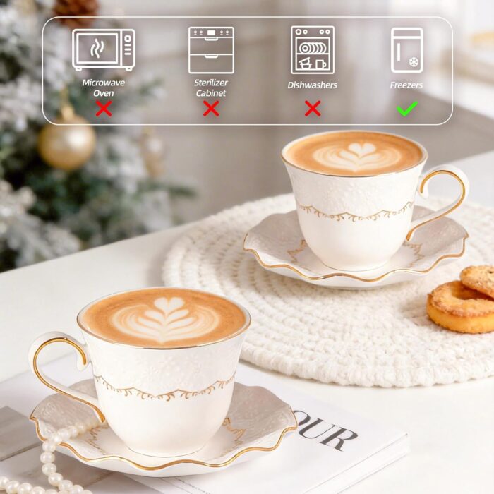 KAMMAK Tea Cups and Saucers Set of 2, 6.4oz Porcelain Coffee Cups with Saucers, Ceramic Espresso Mugs for Coffee, Latte, Americano, Tea, Elegant Teacup and Saucer (YFH11)