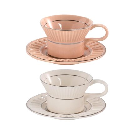 KAMMAK Tea Cups and Saucers Set of 2, 6.7oz Porcelain Coffee Cups with Saucers, Ceramic Espresso Mugs for Coffee, Latte, Americano, Tea, Unique Teacup and Saucer (YFH8+9)