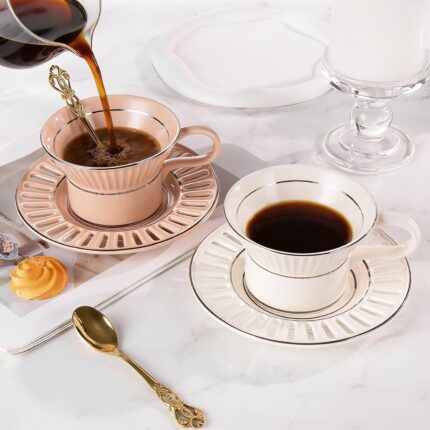 KAMMAK Tea Cups and Saucers Set of 2, 6.7oz Porcelain Coffee Cups with Saucers, Ceramic Espresso Mugs for Coffee, Latte, Americano, Tea, Unique Teacup and Saucer (YFH8+9)