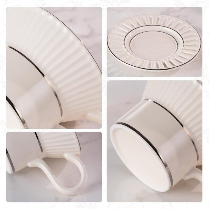 KAMMAK Tea Cups and Saucers Set of 2, 6.7oz Porcelain Coffee Cups with Saucers, Ceramic Espresso Mugs for Coffee, Latte, Americano, Tea, Unique Teacup and Saucer (YFH8+9)