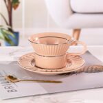 KAMMAK Tea Cups and Saucers Set of 2, 6.7oz Porcelain Coffee Cups with Saucers, Ceramic Espresso Mugs for Coffee, Latte, Americano, Tea, Unique Teacup and Saucer (YFH8+9)