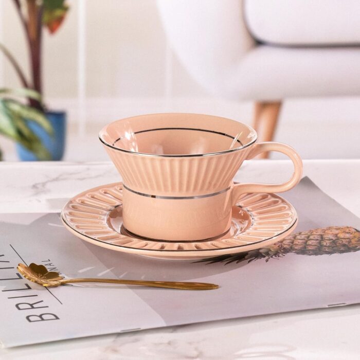 KAMMAK Tea Cups and Saucers Set of 2, 6.7oz Porcelain Coffee Cups with Saucers, Ceramic Espresso Mugs for Coffee, Latte, Americano, Tea, Unique Teacup and Saucer (YFH8+9)